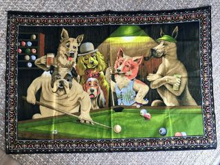 Vintage Cotton Tapestry Wall Hanging Dtc Dogs Playing Pool Billards Rare 40x58
