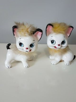 Vintage Made In Japan Cats Kittens With Fur/hair Trimmed Salt And Pepper Shakers