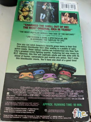 Vintage 1990 Teenage Mutant Ninja Turtles The Movie VHS Tape f.  h.  e.  TMNT power 3
