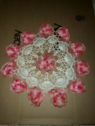 Vintage Hand Crocheted Large Doily,  Round,  Flower Design,  Beige,  Pink 16 "