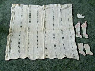 Vintage Hand - Knitted Woolen Baby Blanket 36 " X 33 " W/ Booties - Cream / Ivory