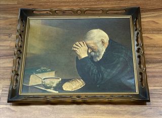 1/31) Vtg Old Man Praying By Enstrom Grace,  Unique Provincial Framed Size 24x20”