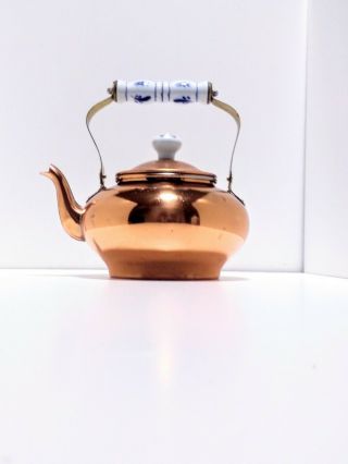 Copper Teapot Tea Kettle Ceramic Blue White Handle Floral Tin Lined Vintage