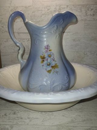 Vintage Antique Blue/white With Blue/purple Flowers Wash Bowl Basin And Pitcher