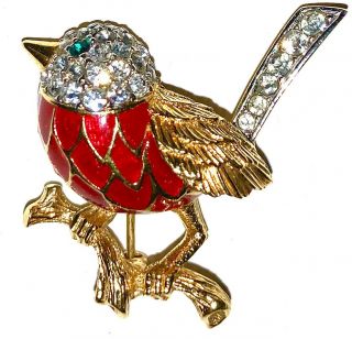 Rare Vintage A&s Attwood & Sawyer Crystal Red Robin Bird 22ctgp Pin Signed