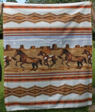 Vintage Twin Blanket Polyester Western Southwestern Horses Made Usa B1