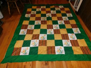 Handmade Cross Stitch Flowers Quilt Green And Tan Large 73 X 87 Inches Vintage