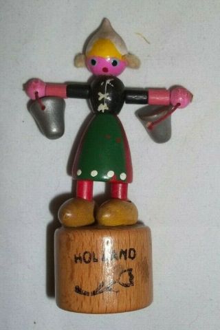 Vintage Wooden Dutch Girl Push Puppet Souvenir Holland