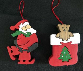Vintage Wood Puzzle Christmas Ornaments Santa And Stocking (set Of 2)
