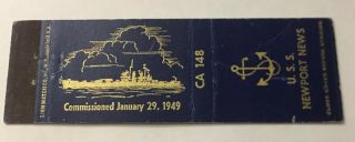 Vintage Matchbook Cover Matchcover Us Navy Ship Uss Newport News Ca148 1949