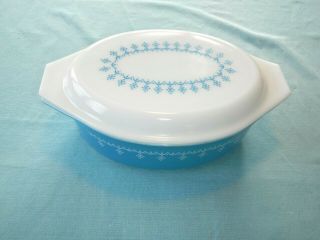 Vintage Pyrex Snowflake Blue Garland Casserole Dish W/ Lid 2.  5 Qt 045
