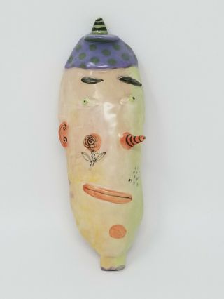 Vintage Handmade Ceramic Abstract Clown Face Oval Wall Hanging