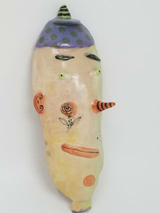 Vintage Handmade Ceramic Abstract Clown Face Oval Wall Hanging 2