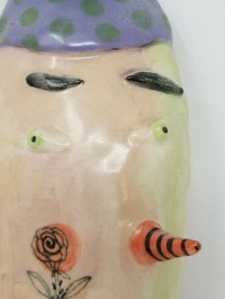 Vintage Handmade Ceramic Abstract Clown Face Oval Wall Hanging 3
