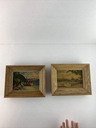 Vintage Set Of 2 Framed Miniature Painting Prints Europe Castles Snowy Mountain