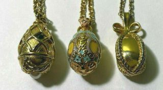 3 Vtg Joan Rivers Egg Pendants Goldtone Rhinestone Pearl Pastel Enamel Necklaces