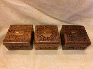 Vintage 3 Hand Carved Wooden Trinket Boxes Made In India - 4 " X 4 " X 2 1/4 "