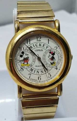 Vintage Lorus Disney Mickey & Minnie Mouse V336 - 6140 Dual Dial Calendar Watch