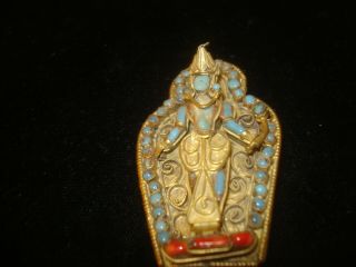 Vintage Souvenir Nepal/tibetan Brass Coral & Turquoise Buddha Pin Brooch