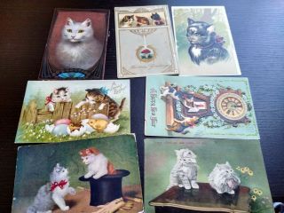 7 Cute Vintage White Cats Kittens In Top Hat Baby Chicks Clock Postcards