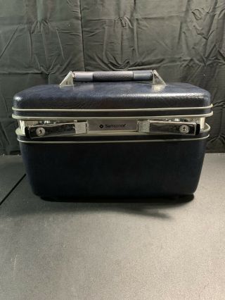 Vintage Samsonite Silhouette Cosmetic Navy Blue Train Travel Case W/ Keys & Tray
