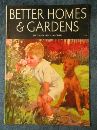 Vintage Better Homes & Gardens Sep 1934,  Boy & Dog Taffs Cover Art,  Bigelow Ad