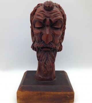 Vintage Signed Don Quixote Carved Wood Bust Bearded Man Statue 9.  25 "