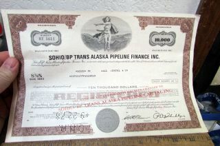 1976 Sohio Bp Trans Alaska Oil Pipeline $10,  000 Stock Certificate,  Paid In 1983