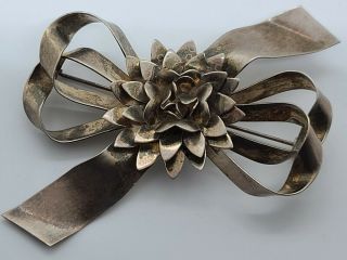 Vintage Signed Raffaele Sterling Silver Large Floral Ribbon Art Deco Brooch Pin