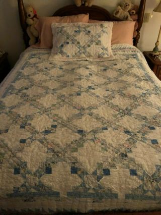 Vintage Twin Size Quilt - Blue - Pink - With Sham & 3 - Piece Sheet Set Springmaid