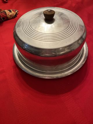 Vintage Aluminum Cake Saver Plate And Cover With Wooden Handle.