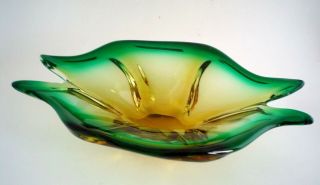 Vintage Murano Art Glass Stretch Dish Green And Gold Mid Century