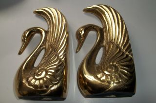 Vintage Art Deco Brass Swan Bookends Set Of Two 6 1/2 " Tall 1 1/2 " Wide