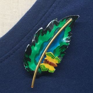 Vintage Hand Painted Butterfly On Leaf Brooch Pin Made In Germany Green Yellow
