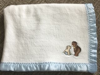 Vtg Carters White Teddy Bear Puppy Baby Blanket Blue Satin 100 Cotton Made Usa