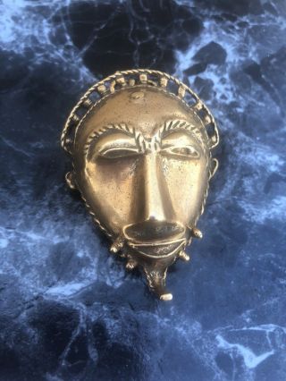 Mma Vintage Bronze Metal African Tribal Face Mask Sculpture Brooch Pin Pendent