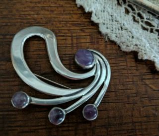 Vintage Modernist Mexico Sterling Silver Amethyst Cabochons Brooch Pin By Jh