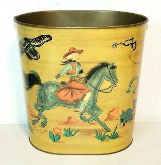 Vintage 1950s/1960s Western Cowgirl & Cowboy Metal Trash Can,  Hopalong Cassidy