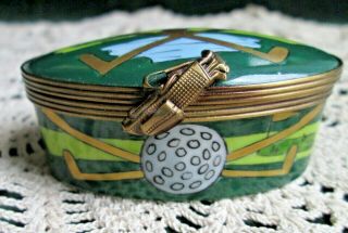 Vintage Peint Main Limoges France Trinket Box Golf Clubs Balls Greens
