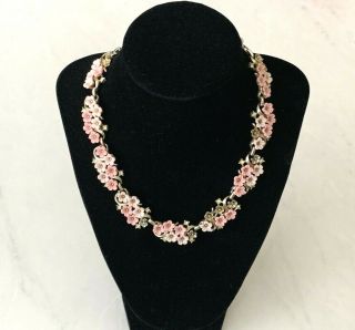 Vintage Coro Celluloid Pink Flowered Gold Tone Necklace W/ Rhinestones - Signed