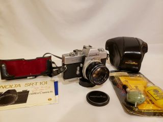 Vintage Minolta Srt 101 Camera And Case Rokkor - Pf 1:1.  7 F=55mm Lens
