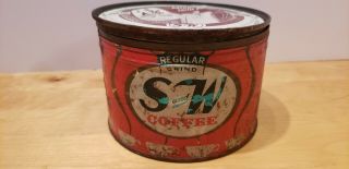 Vintage S & W Coffee Tin Can 1 Pound Empty,  With Lid Rusty Scratches Patina
