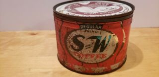 Vintage S & W COFFEE TIN CAN 1 Pound empty,  With Lid Rusty Scratches Patina 2