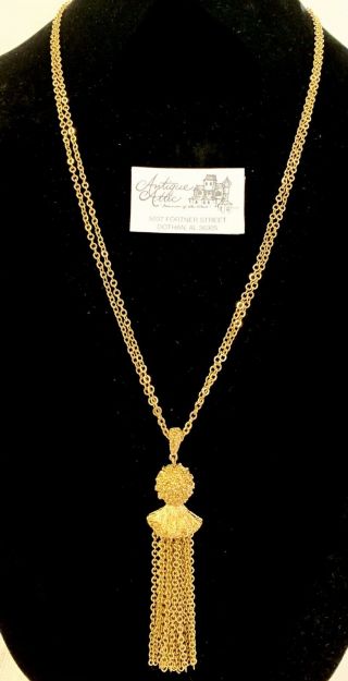 Vtg Signed Monet Gold Tone Double Chain 28 " Long Tassel Pendant Necklace Excel
