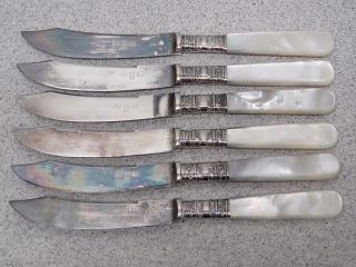 6 Vintage Meriden Cutlery Co Mother Of Pearl Handle Fruit Knives,  Sterling Cuffs