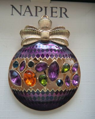 Vtg Gold Tone Napier Purple Enamel Crystal Christmas Ornament Brooch Pin