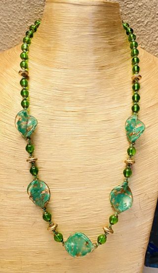 Vtg Venetian Murano Glass Necklace Italy Beaded Art Deco Gold Foil End Of Day