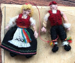 Vintage Norwegian Thread Dolls 1.  5 " Dressed In National Costume Red Black Miwi