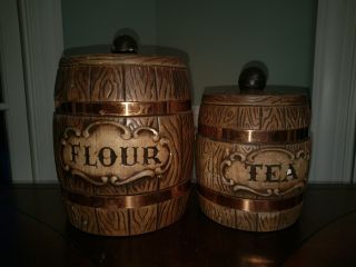 Vtg Treasure Craft Wooden Barrel Canister Flour Tea Set Ceramic Wood Brown 1960s