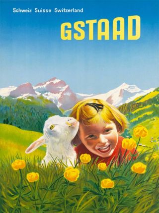 Switzerland Gstaad Little Girl And Lamb Suisse Travel Advertisement Poster